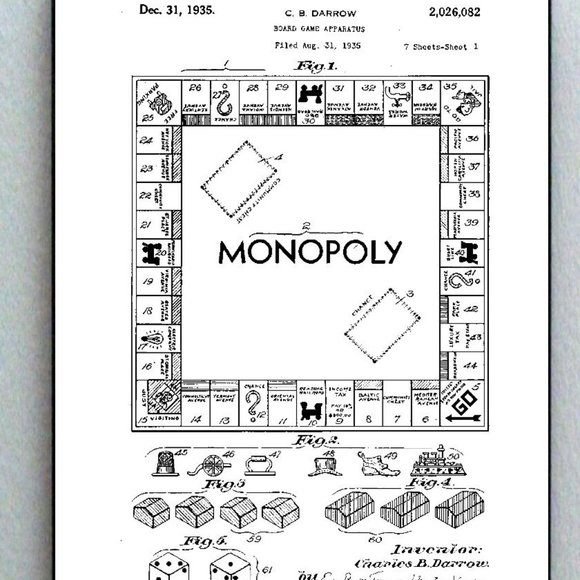 Framed 8.5 X 11 Monopoly Game Board Original Patent Diagram Plans Ready To Hang - Picture 1 of 1